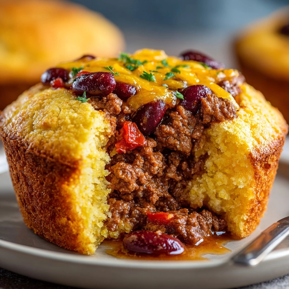 Moelleux muffins de pain de maïs farcis au chili, un délice savoureux et réconfortant.