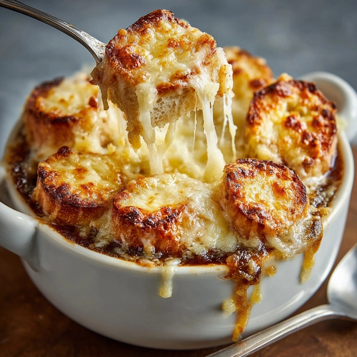 Soupe à l'oignon gratinée : une soupe réconfortante aux oignons caramélisés, coiffée d'une croûte de Gruyère dorée.
