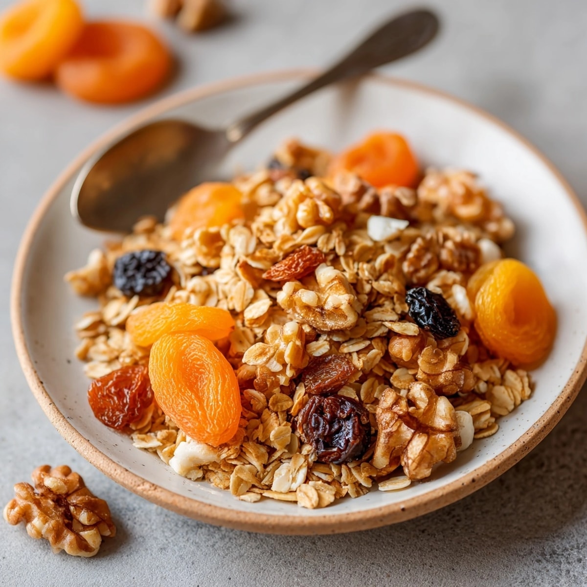 Dégustez cette granola maison healthy croustillante, avec des fruits frais et du lait d'amande.