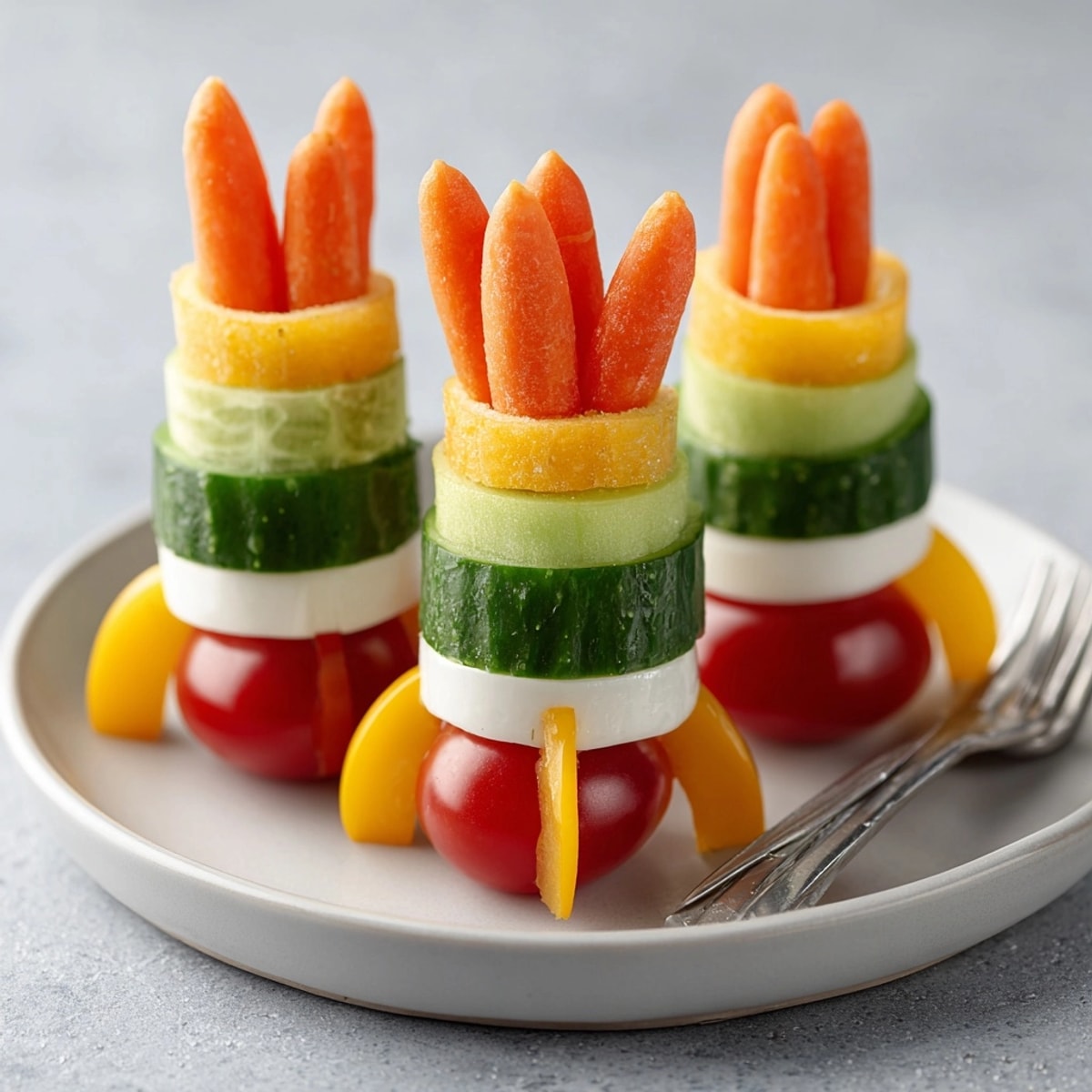 Brochettes fusées colorées, légumes frais éclatants sur une assiette blanche, une collation amusante et saine.
