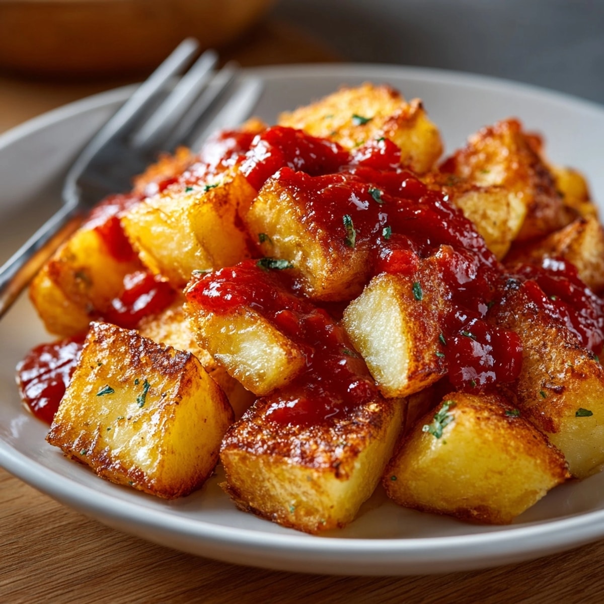 Savoureuses patatas bravas, pommes de terre frites et enrobées d'une sauce tomate épicée, idéales pour l'apéritif.