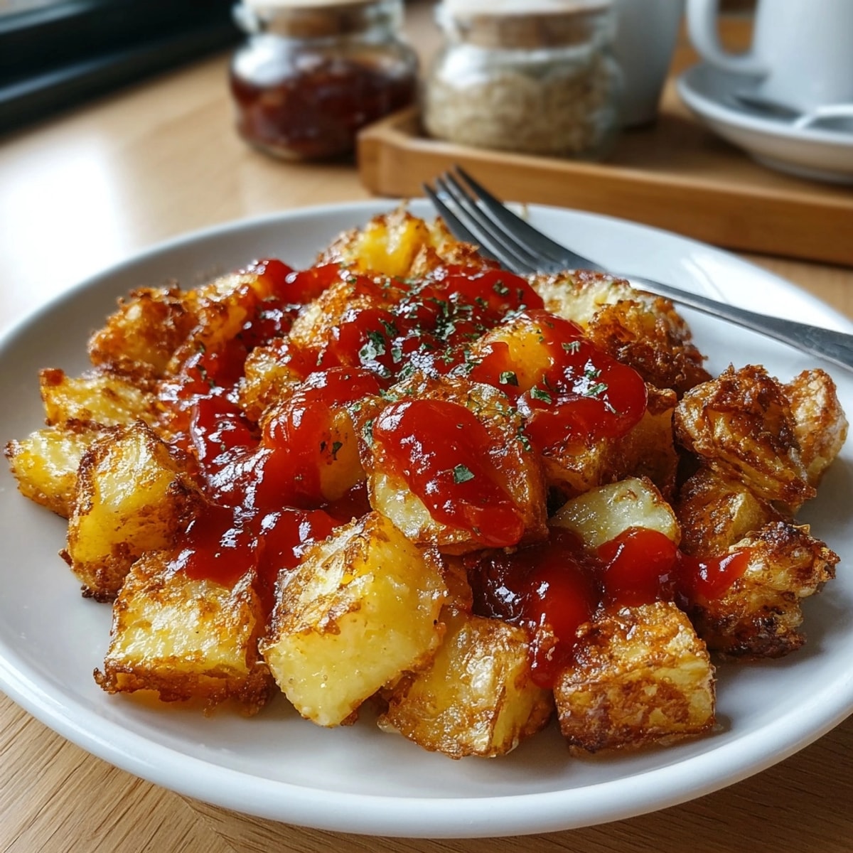 Vue détaillée de patatas bravas, avec la sauce bravas rougissant sur les pommes de terre dorées et frites.