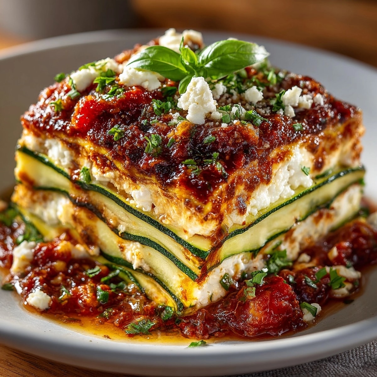 Lasagnes aux courgettes et feta, une version végétarienne crémeuse parfaite pour un déjeuner ensoleillé.