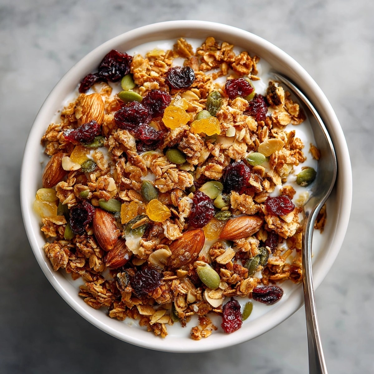 Granola maison croustillant servi avec du yaourt crémeux : un délice matinal fait maison.