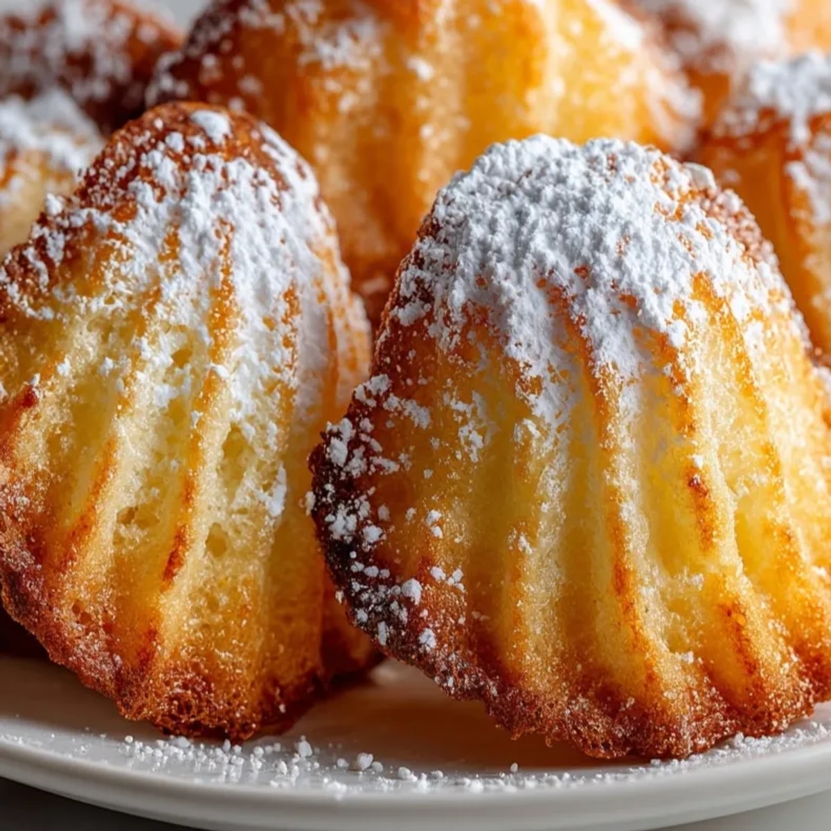 Vue rapprochée de madeleines moelleuses faites maison, dorées et prêtes à être servies.