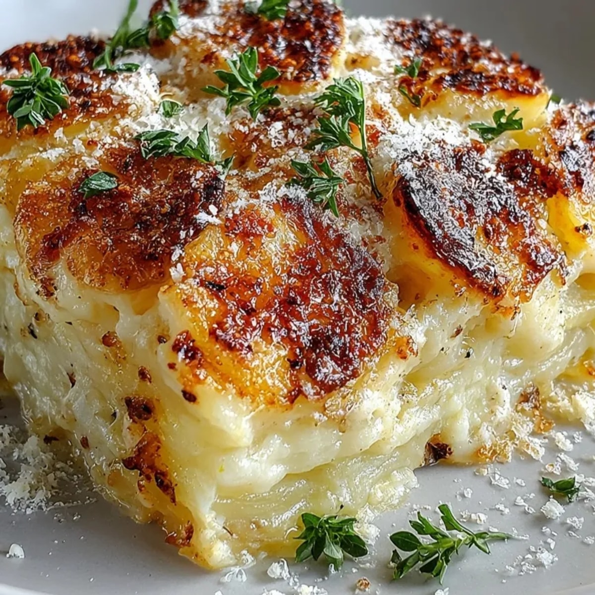 Light Dauphinois Potato Gratin, baking and bubbly when the foil is nearly removed.