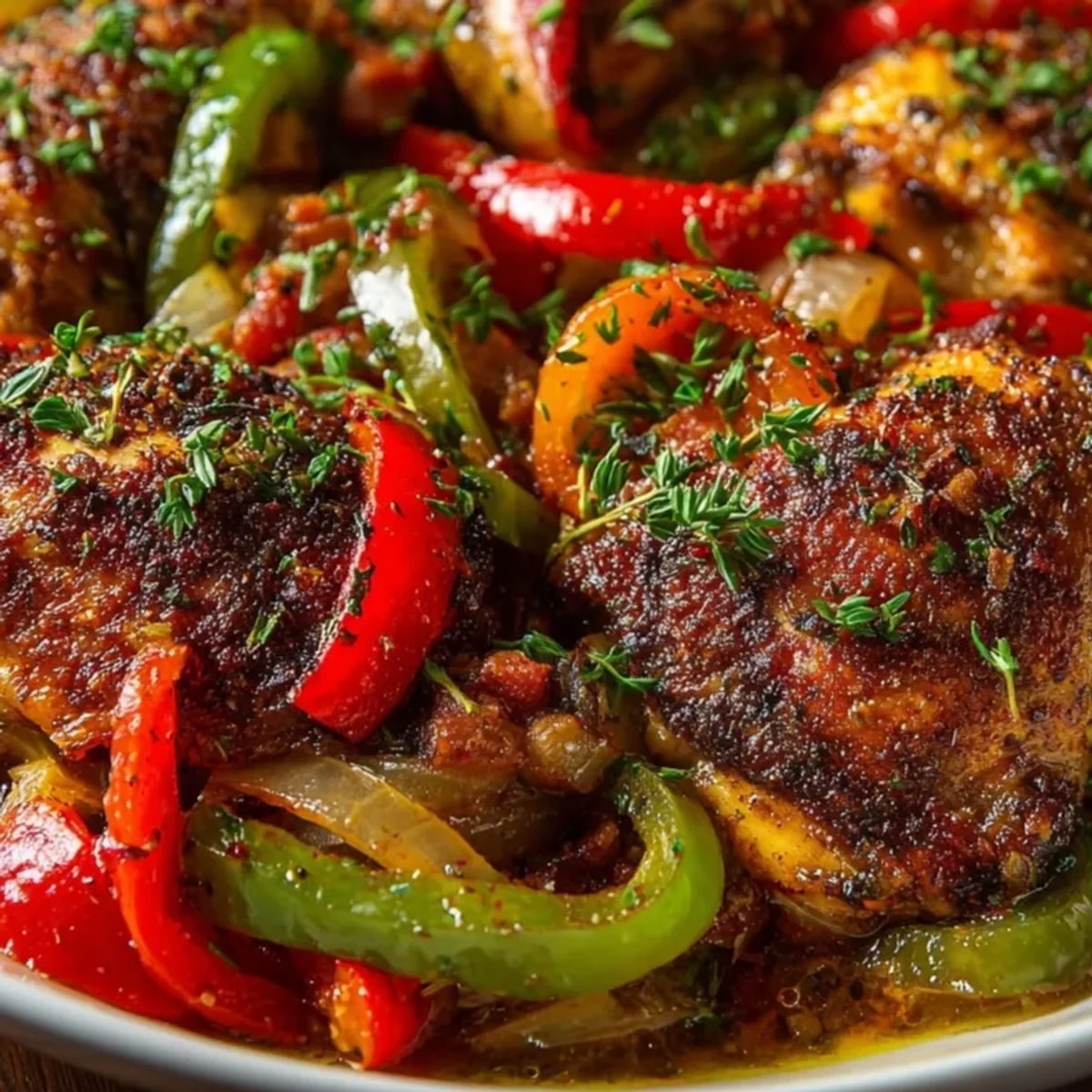 Poulet basquaise facile : Poulet dans une poêle en fonte avec des légumes colorés.