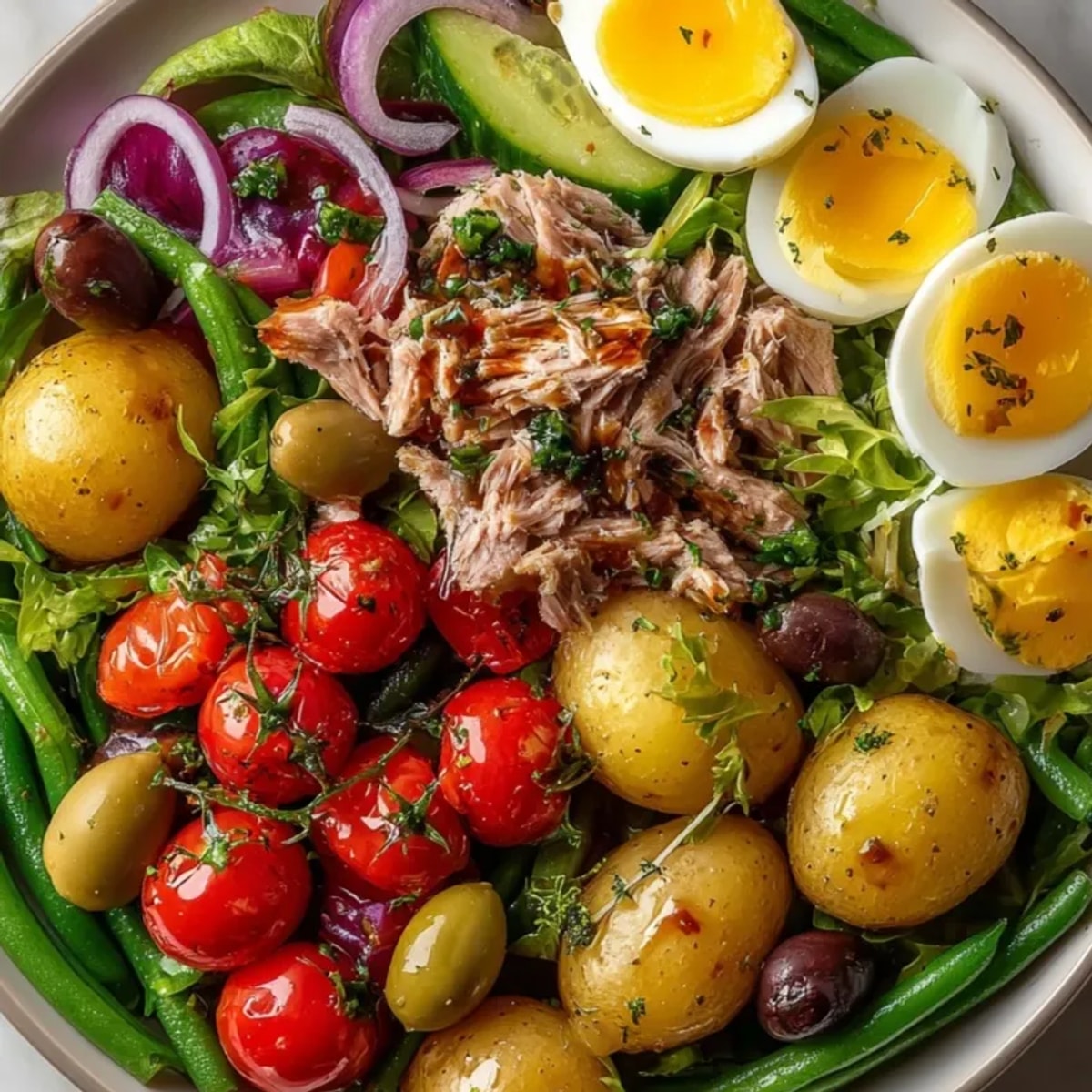 Salade Niçoise simple : une salade méditerranéenne colorée avec du thon, idéale pour le déjeuner.