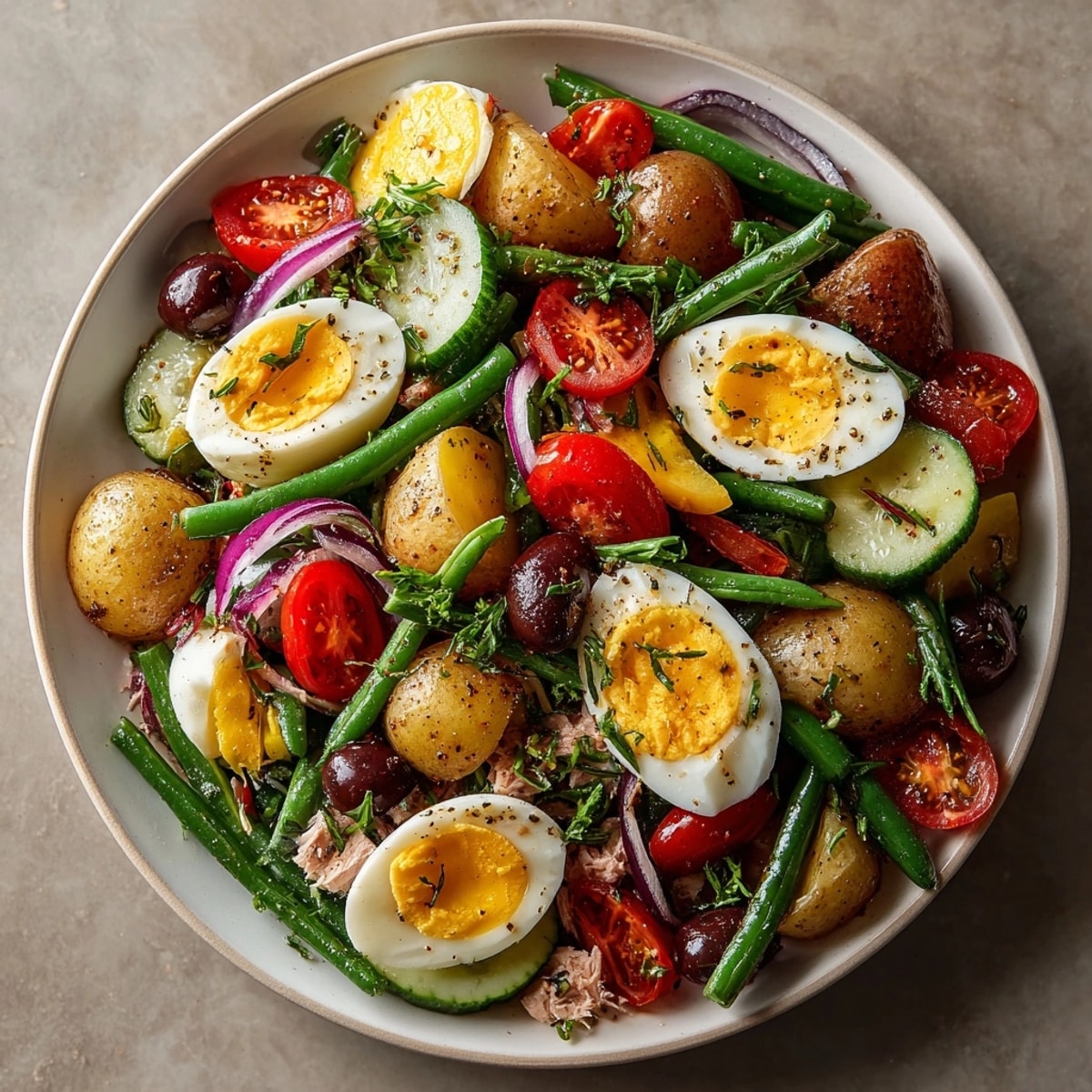 Une portion rafraîchissante de salade Niçoise, parfaite en accompagnement ou en plat principal léger.
