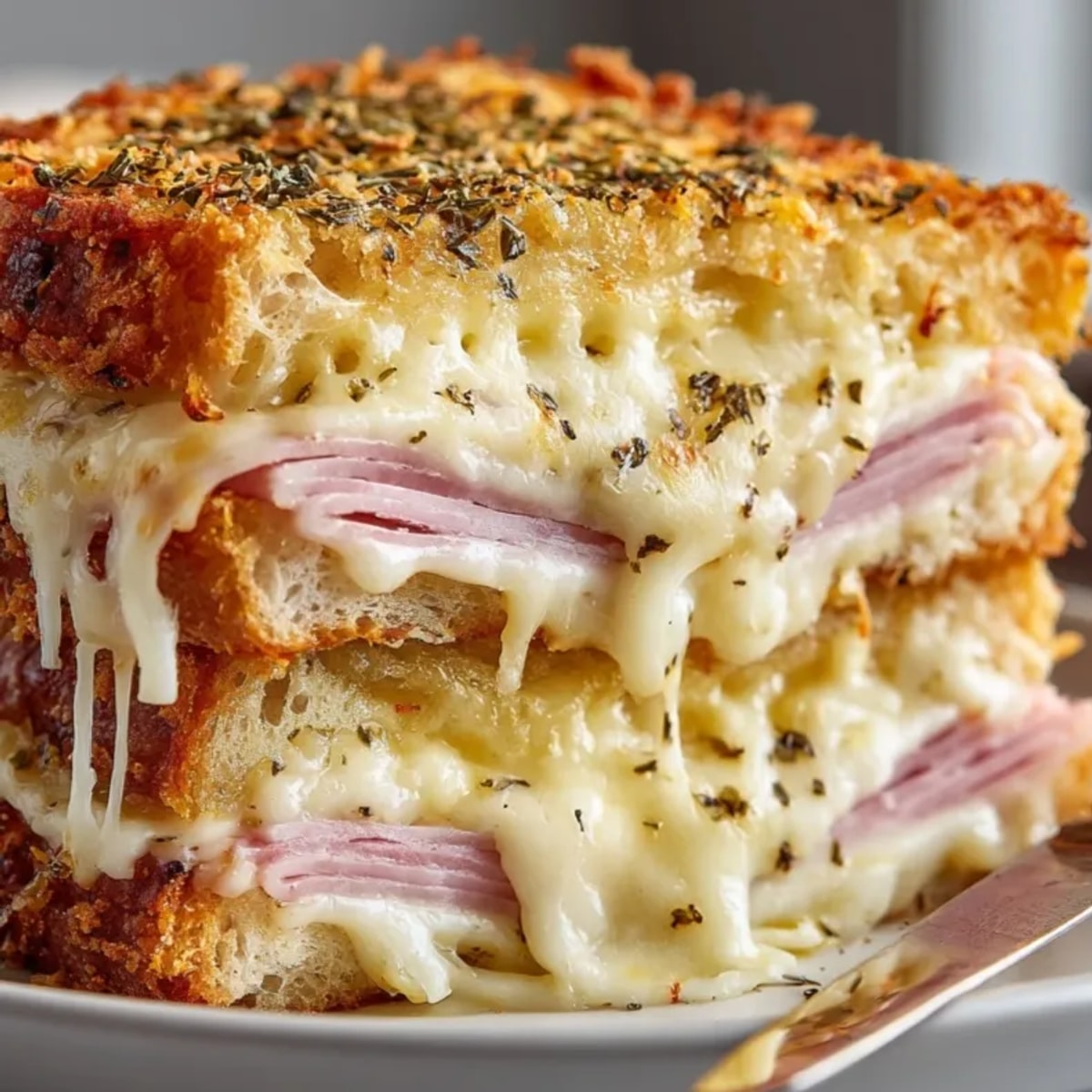 Gros plan : un Croque Monsieur cuit au four, avec une sauce béchamel au fromage crémeuse et pétillante.