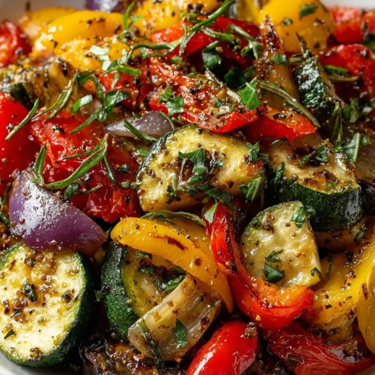 Easy Oven Ratatouille: Colorful roasted vegetables with fragrant herbs, ready to serve as a side.