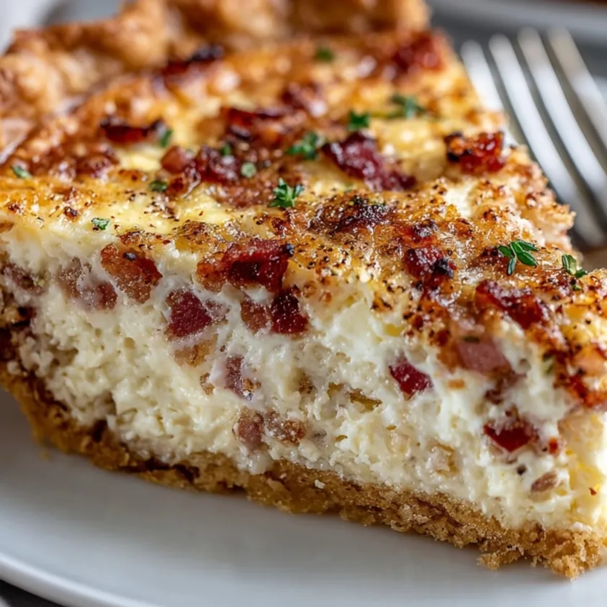 Une tranche crémeuse de Light Lorraine Quiche, parfaite avec une salade verte croquante.