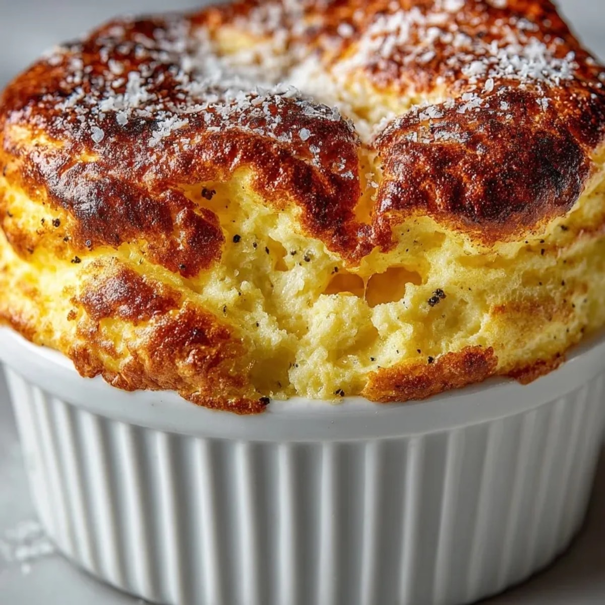 Gros plan d'un Soufflé au Fromage Français: une texture nuageuse et un fromage fondu savoureux.