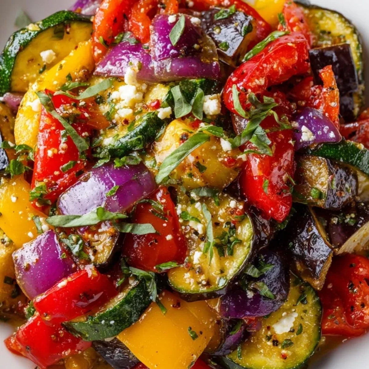 Salade de ratatouille fraîche et colorée aux légumes rôtis, arrosée d'une vinaigrette au thym.