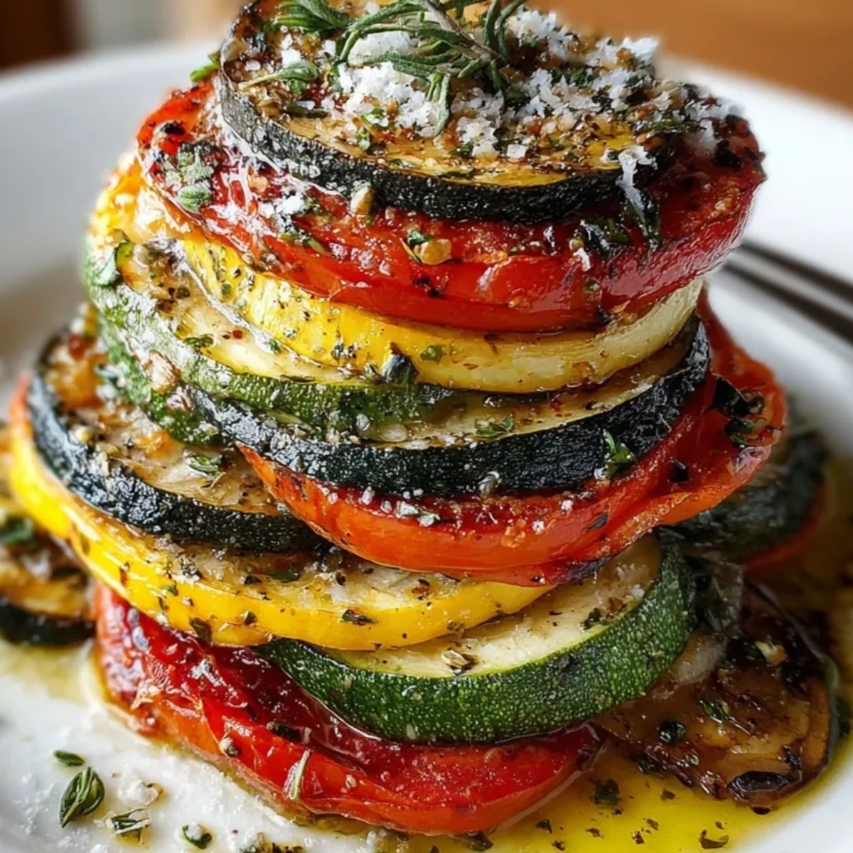 Gros plan vibrant d'un tian de légumes à la française cuit au four.