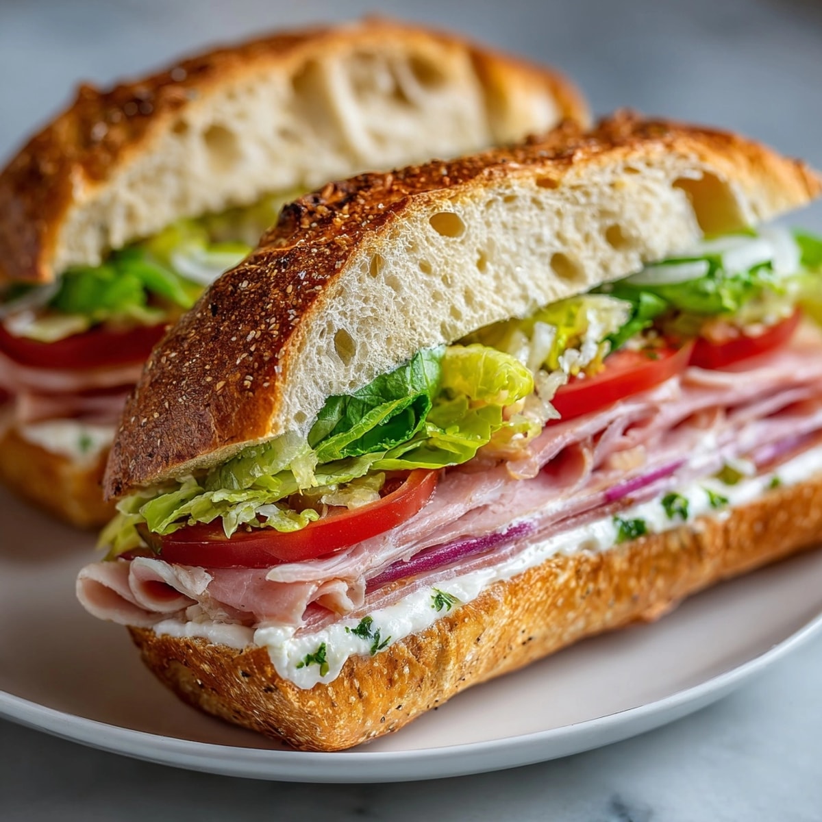 Le sandwich baguette parisien rapide, un déjeuner français classique, généreusement garni de jambon et de légumes frais.
