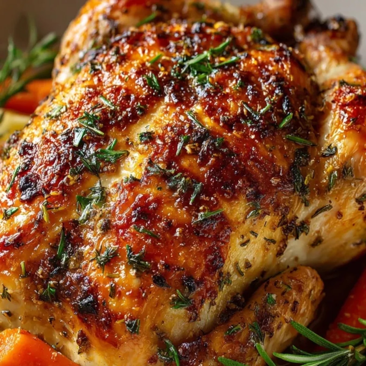 Poulet rôti croûte aux herbes juteux, un festin dominical facile et délicieux.