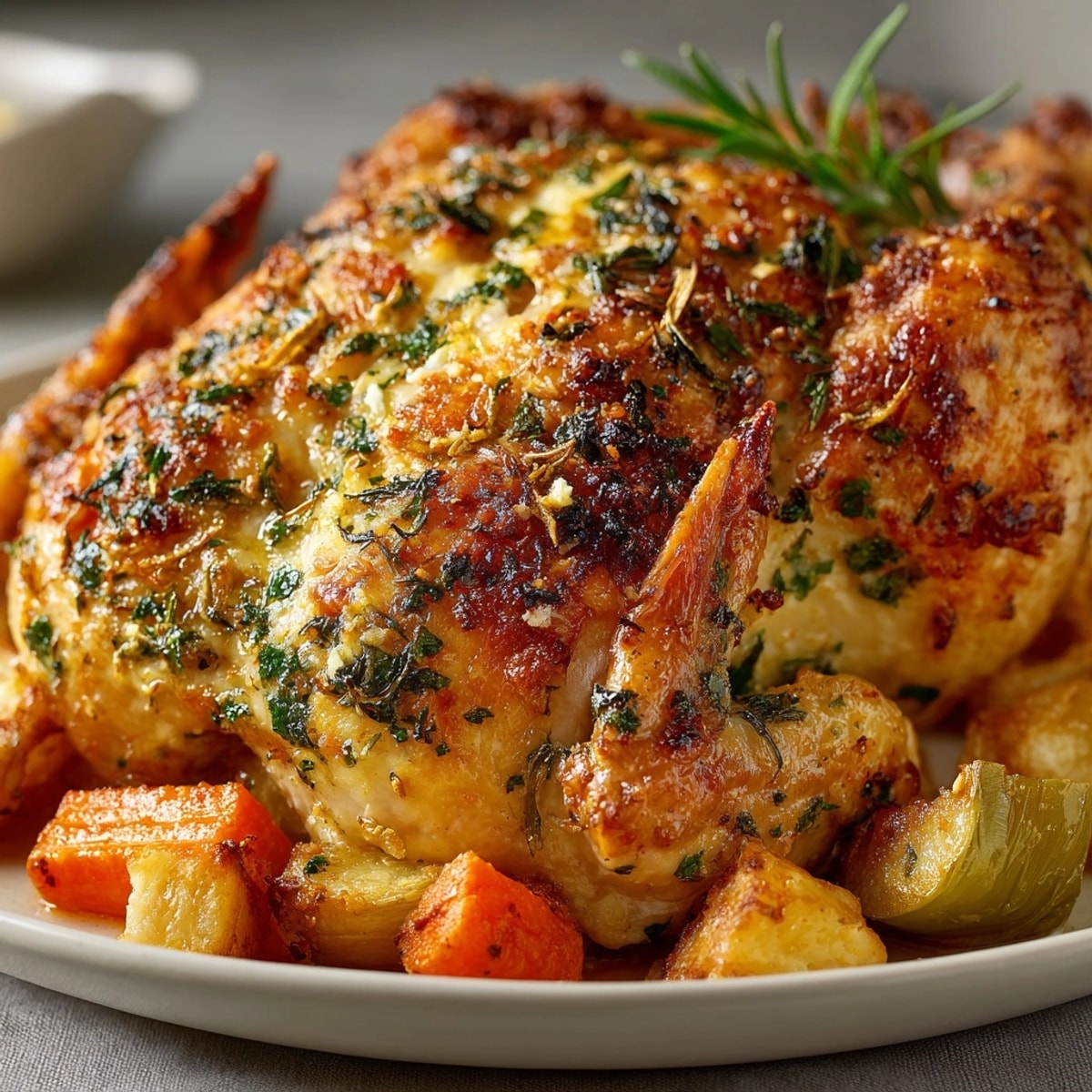 Préparez ce savoureux poulet rôti croûte aux herbes avec des légumes racines rôtis.