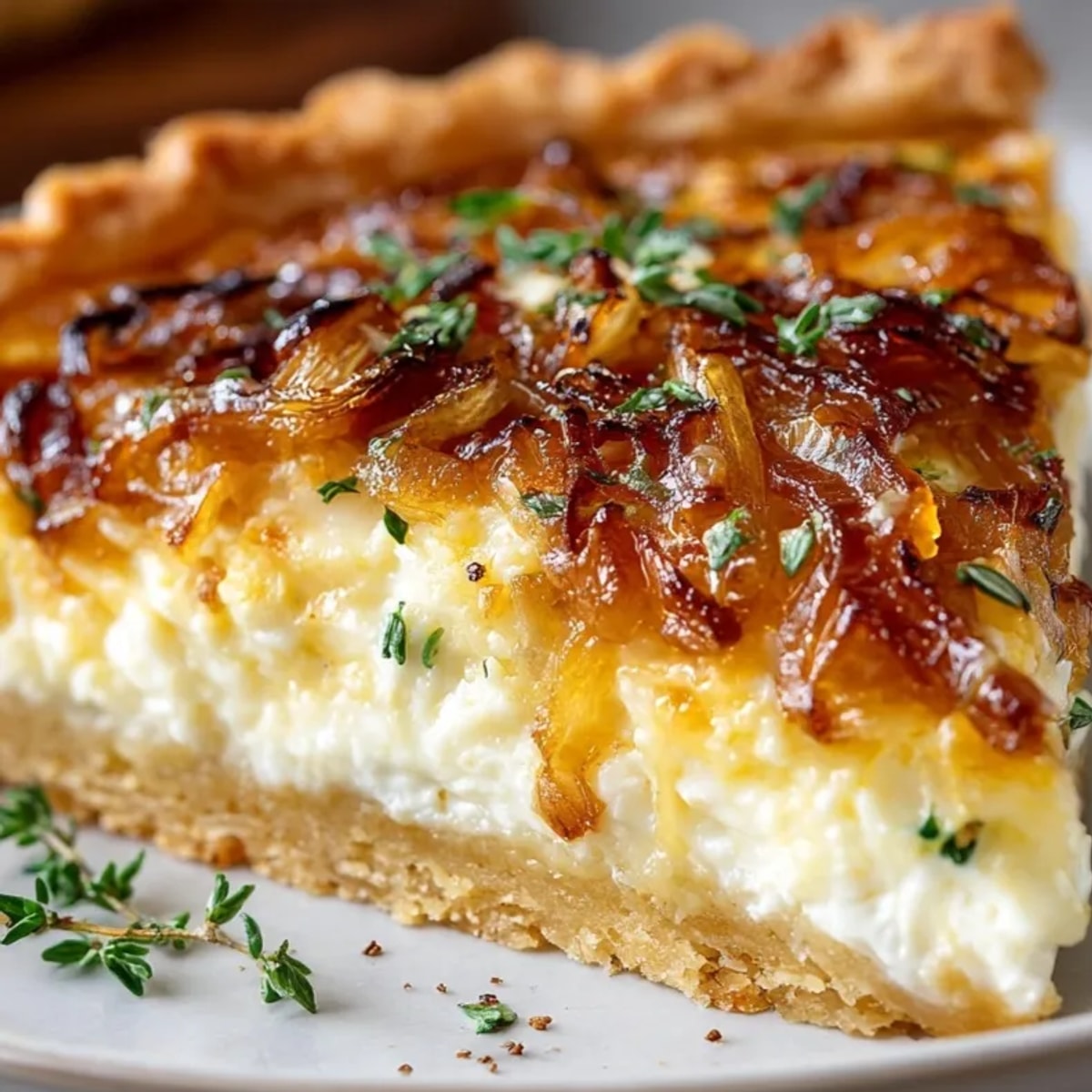 Un croustillant tartin d'oignons caramélisés à la française, cuit au four jusqu'à une perfection dorée.
