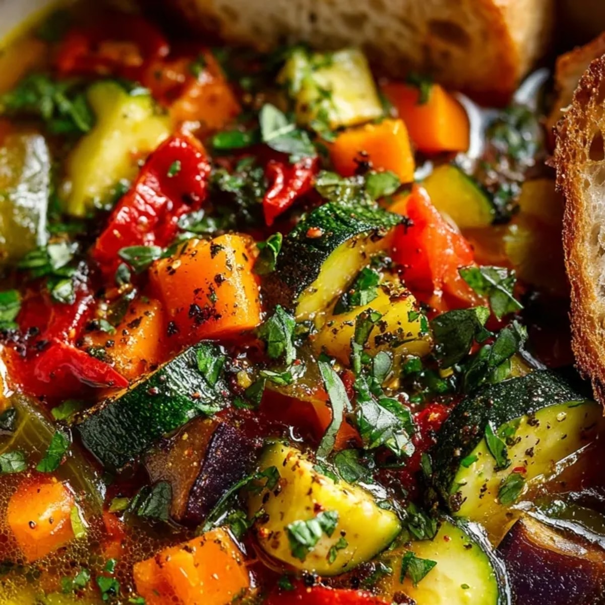 Simple soupe provençale aux légumes, couleurs vives, herbes fraîches, idéale pour un déjeuner léger.