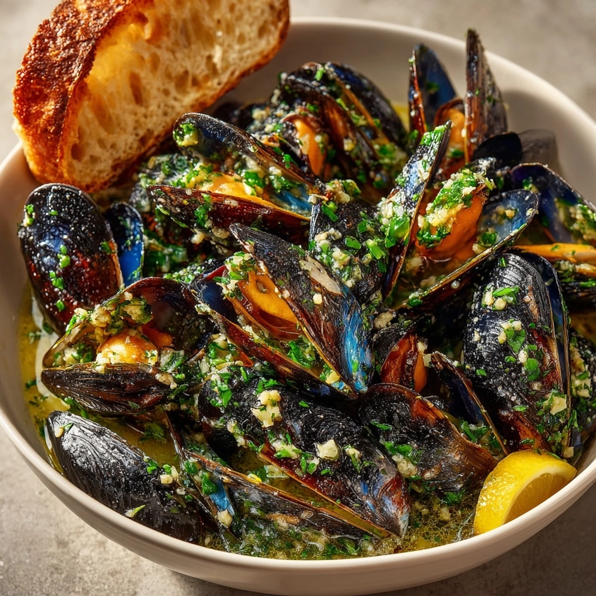 Une portion appétissante de Mussels au beurre à l'ail, brillamment servie et appétissante.