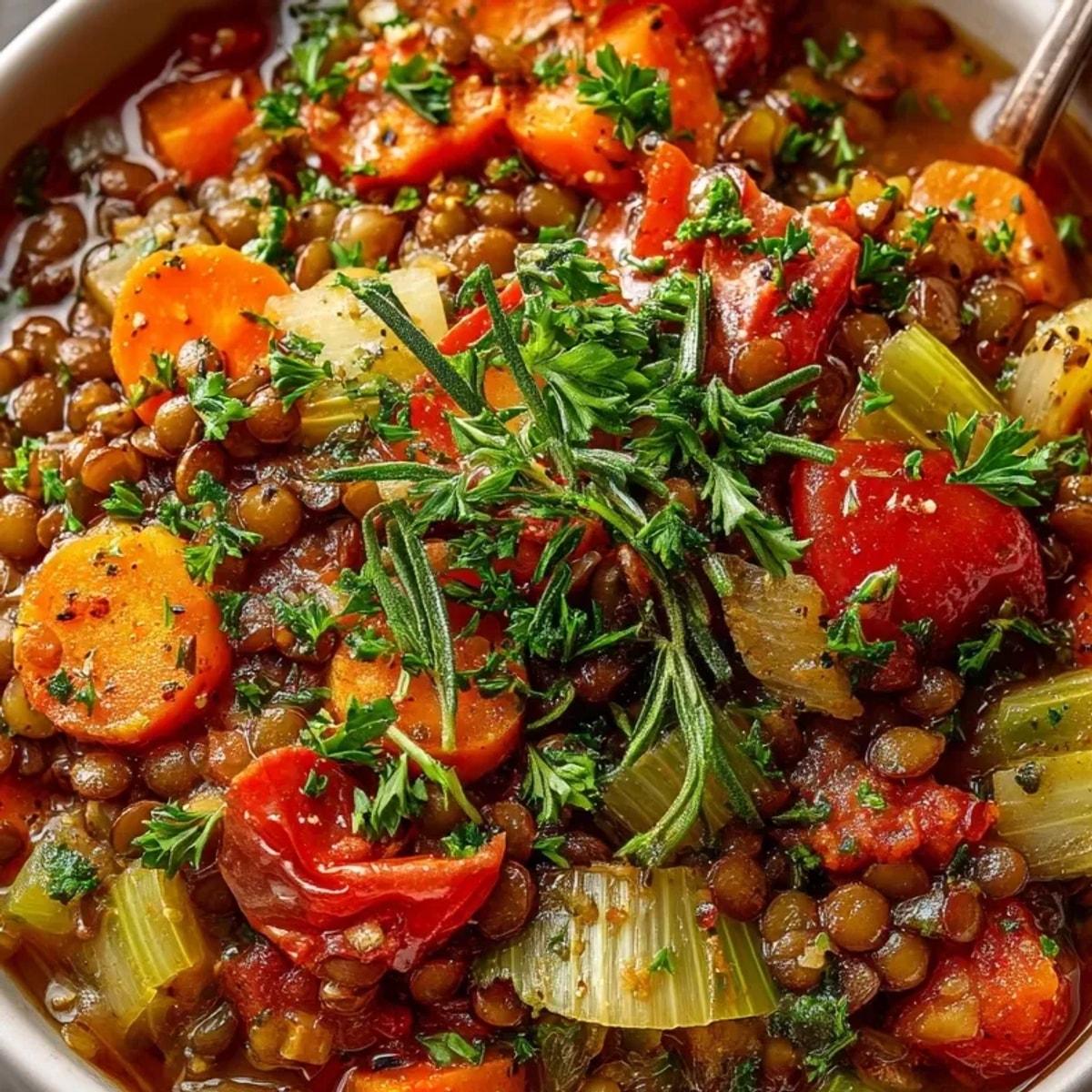 Un épais stew français aux lentilles végétarien mijoté, avec des légumes vibrants, prêt à être servi.