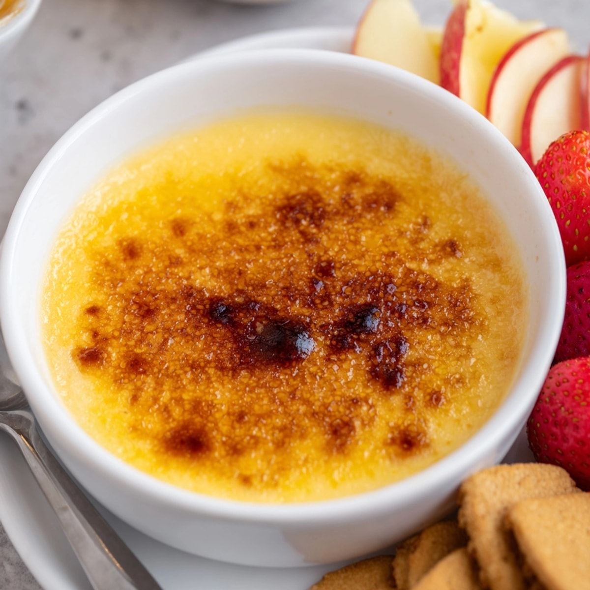 Délicieux Vanilla Crème Brûlée Dip maison prêt à être caramélisé.