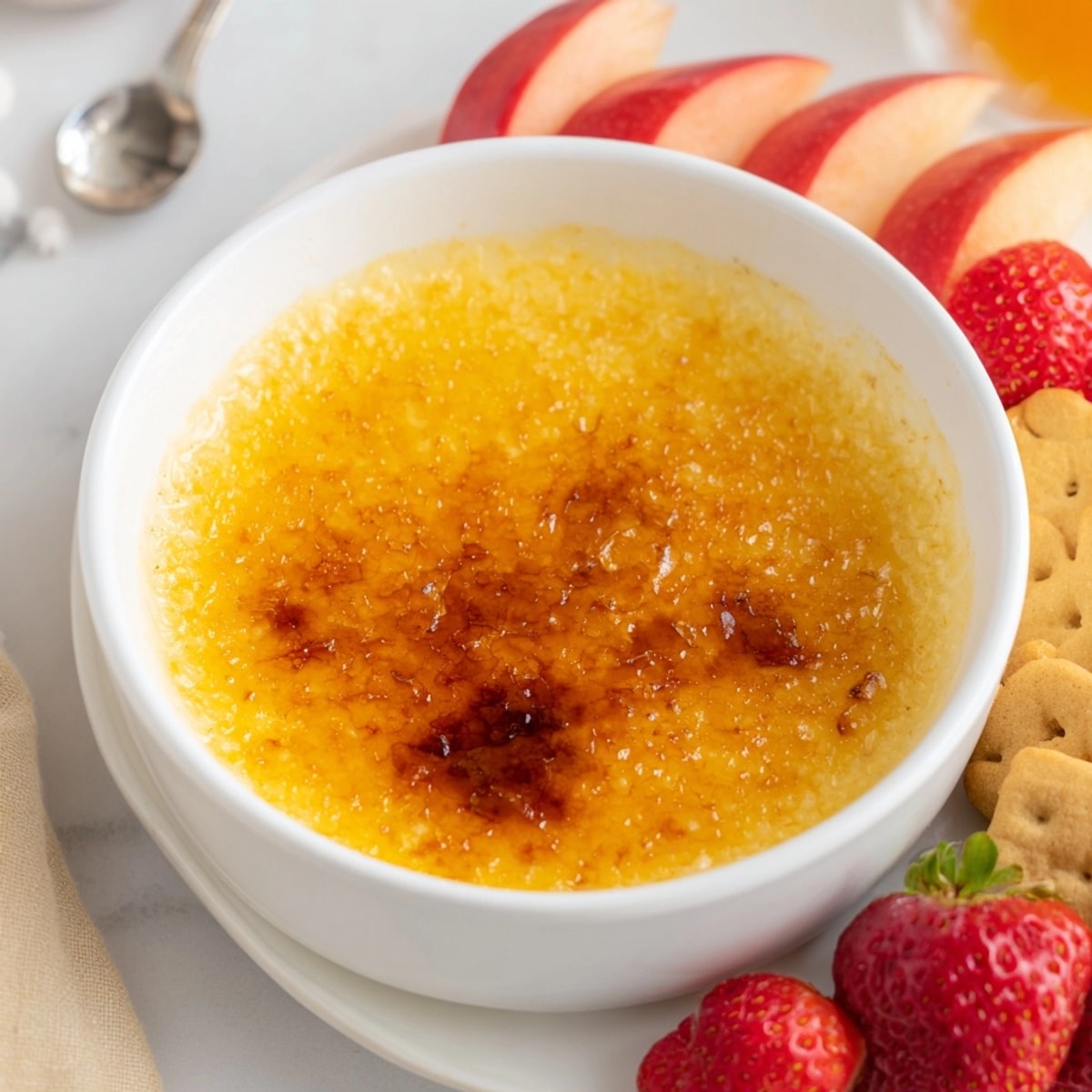 Onctueuse Vanilla Crème Brûlée Dip, un dessert facile à partager avec des fruits.