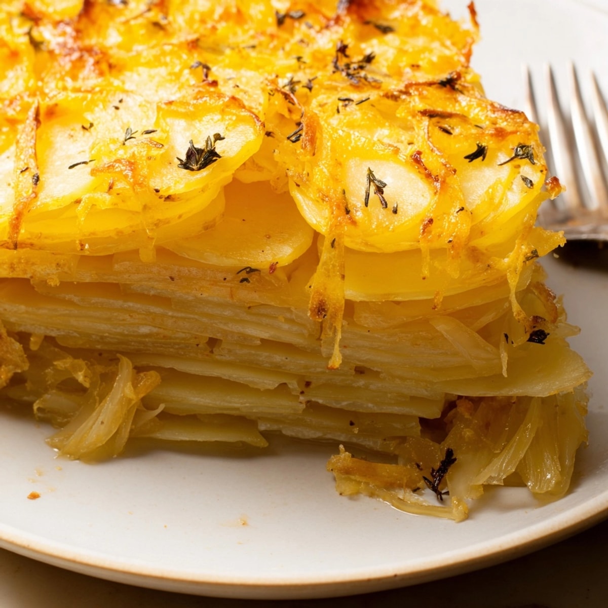 Un savoureux gratin de pommes de terre et d'oignons caramélisés, doré et crémeux.
