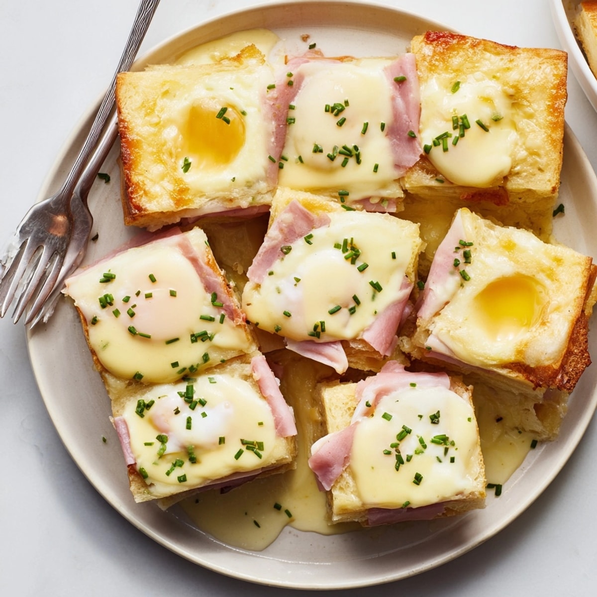Délicieux Croque Madame Casserole : une vue rapprochée des œufs coulants sur du pain doré.