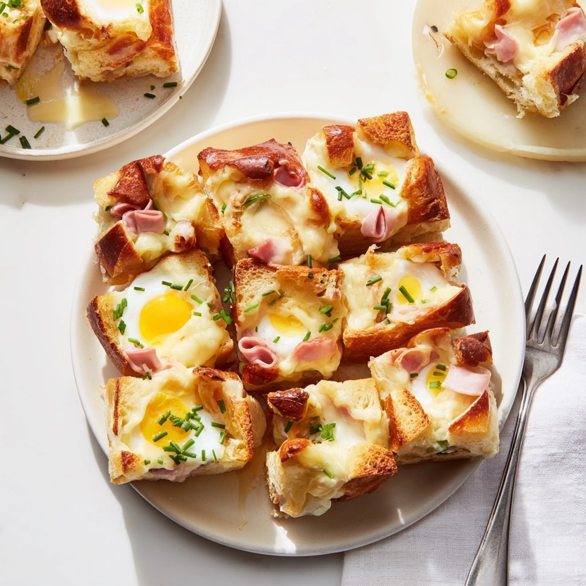 Vue du dessus de la casserole Croque Madame dorée, cuite au four, portionnée et garnie de ciboulette.