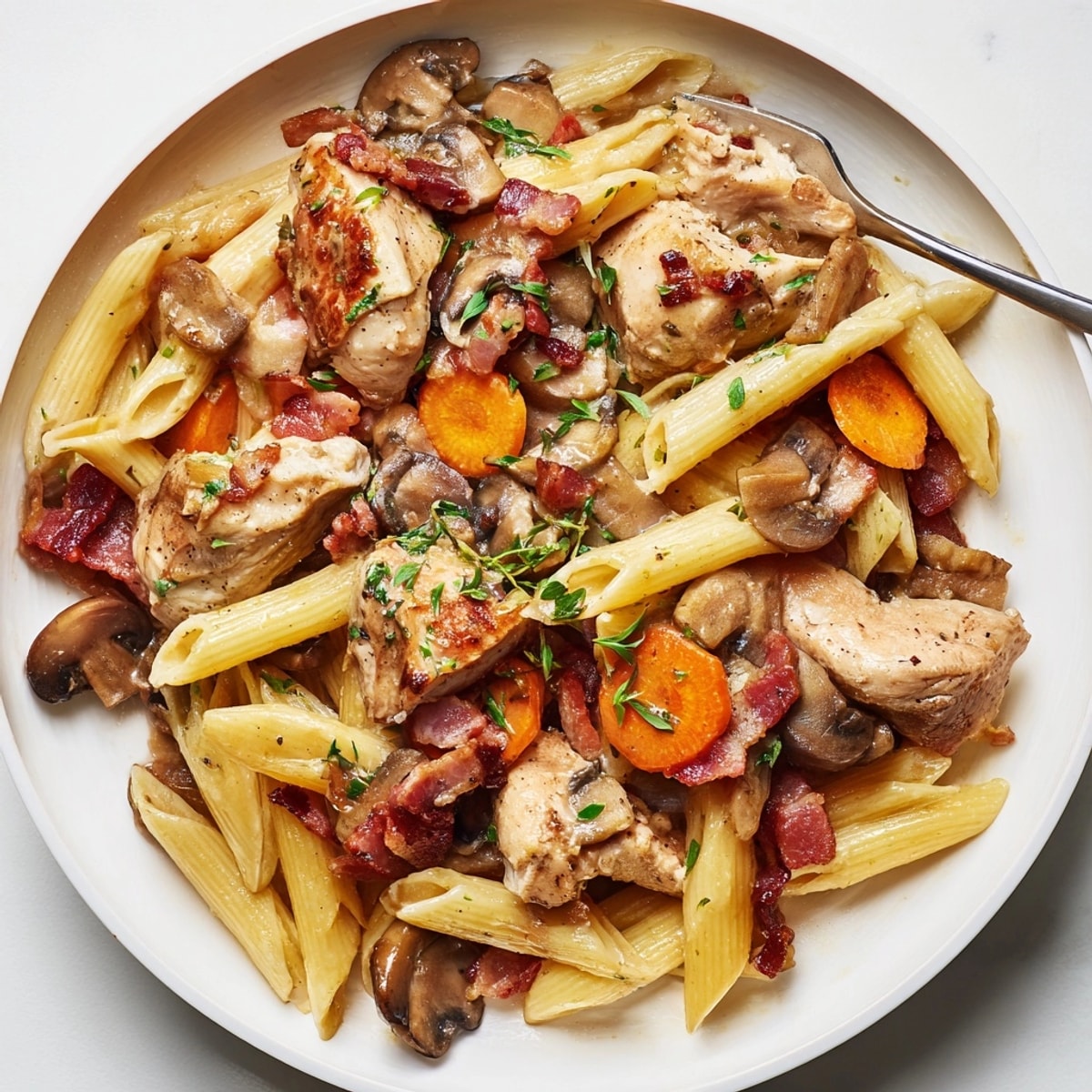 Pâtes Coq au Vin en poêle, un plat réconfortant au vin rouge et aux champignons.