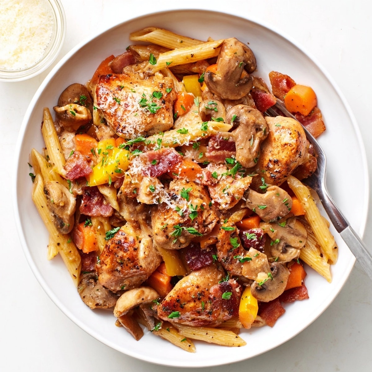 Savourer un dîner du sud de la France, Pâtes Coq au Vin en poêle, prêtes à servir.