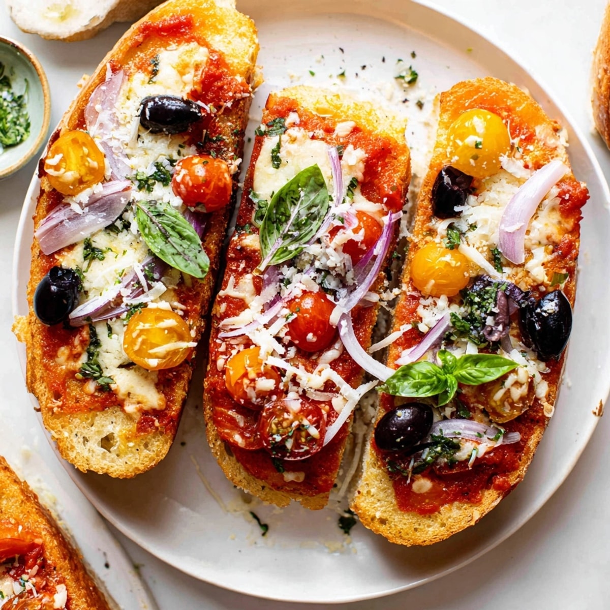 Pizza baguette à l'ail beurré cuite, fromage fondu et basilic frais.