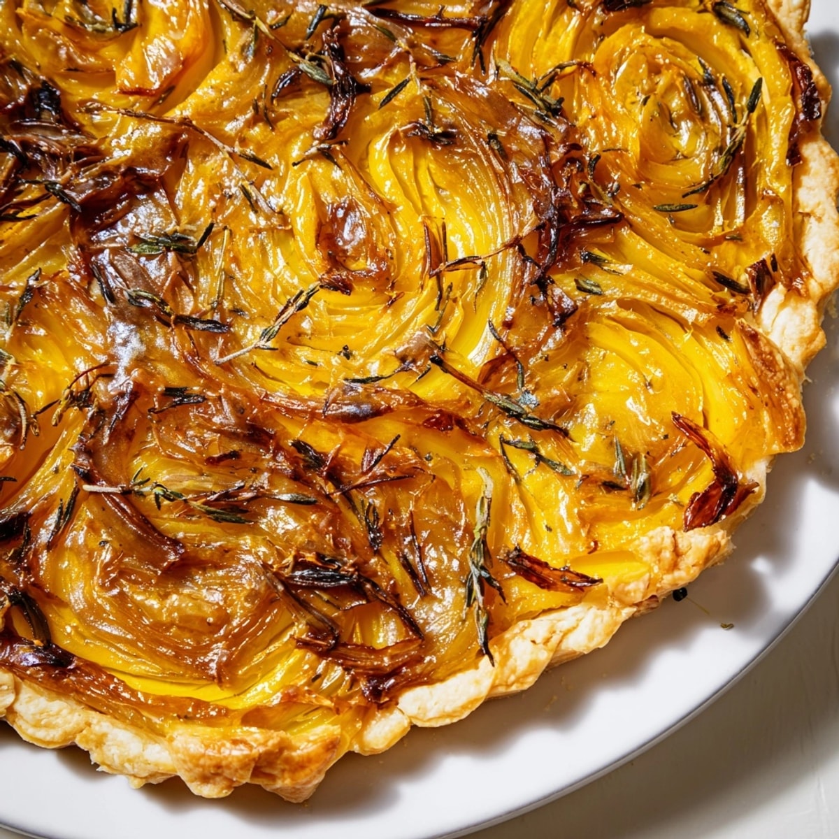 Tarte rustique à l'oignon, dorée et croustillante, remplie d'oignons caramélisés et de fromage.