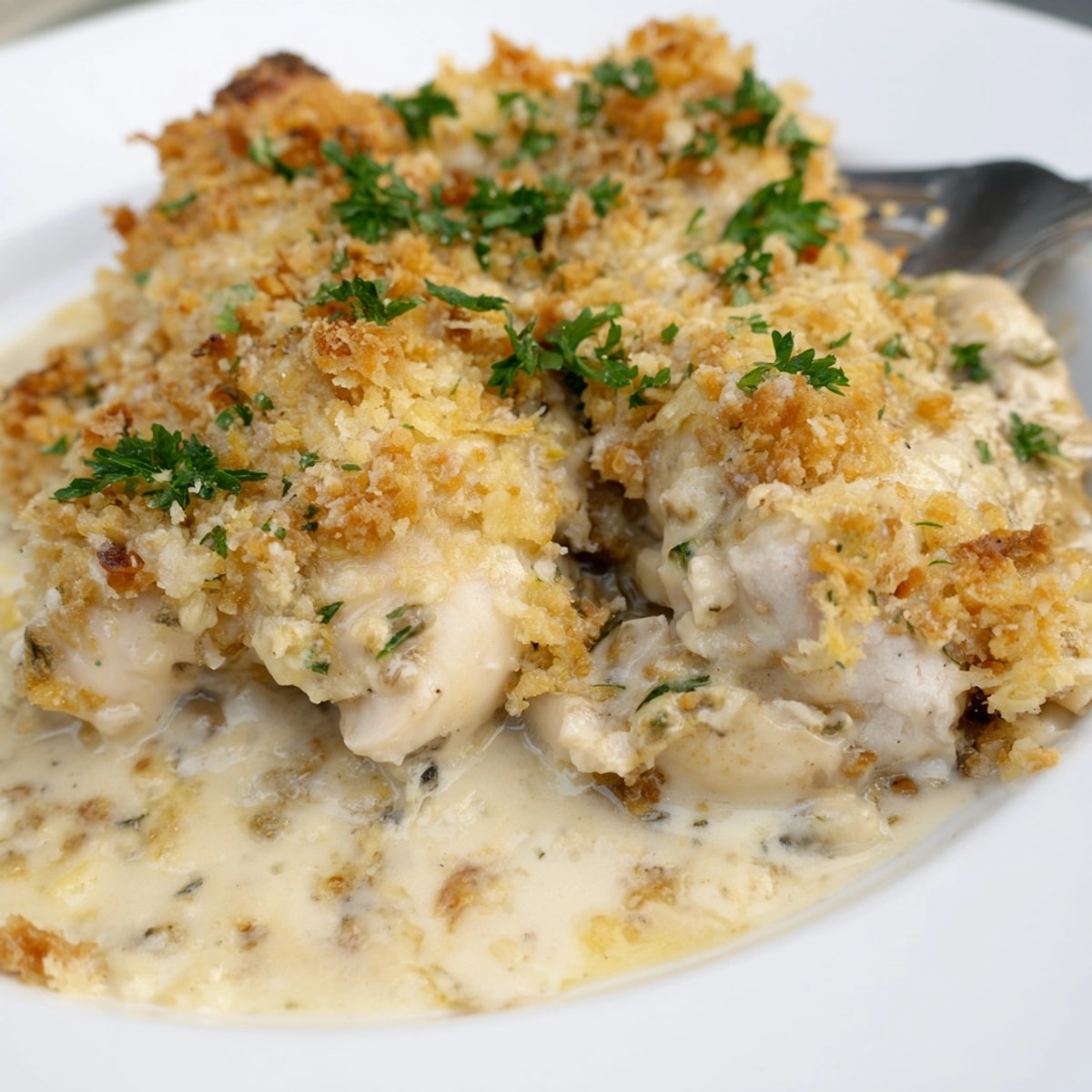 Image appétissante de poulet crémeux au gratin de Dijon cuit au four, prêt à être servi.