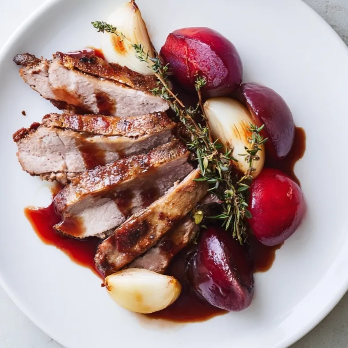 Canard rôti succulent aux prunes mûres, nappé d'une sauce au vin rouge riche et parfumée.