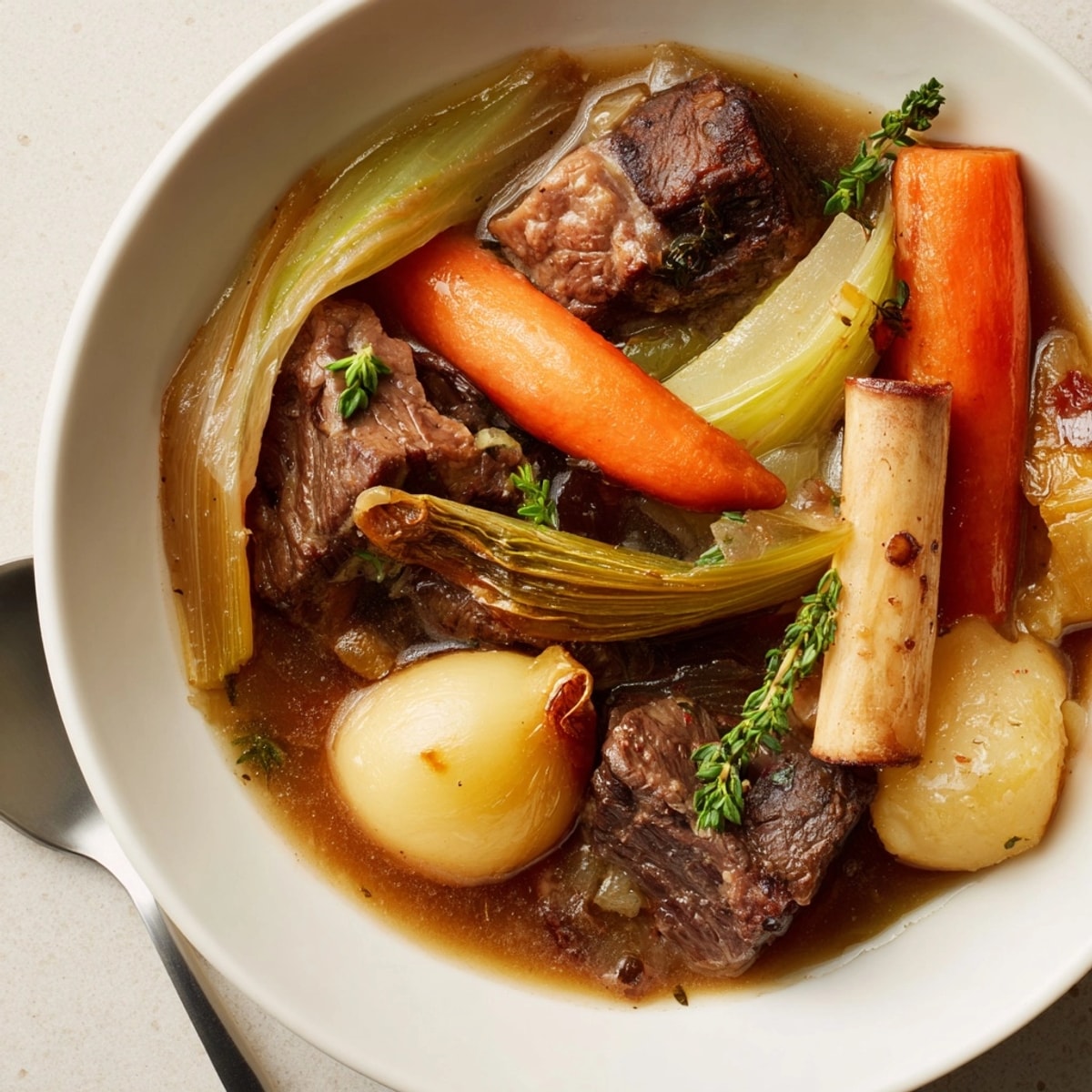Savoureux pot-au-feu classique, mijoté lentement, avec du bœuf tendre et des légumes racines.