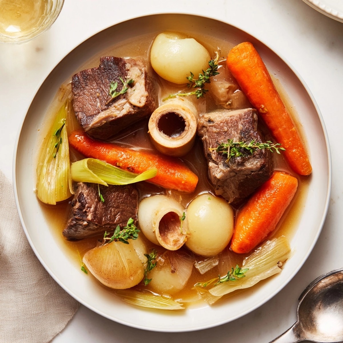 Pot-au-feu traditionnel : un bouillon parfumé et de généreux morceaux de bœuf moelleux et de légumes fondants.