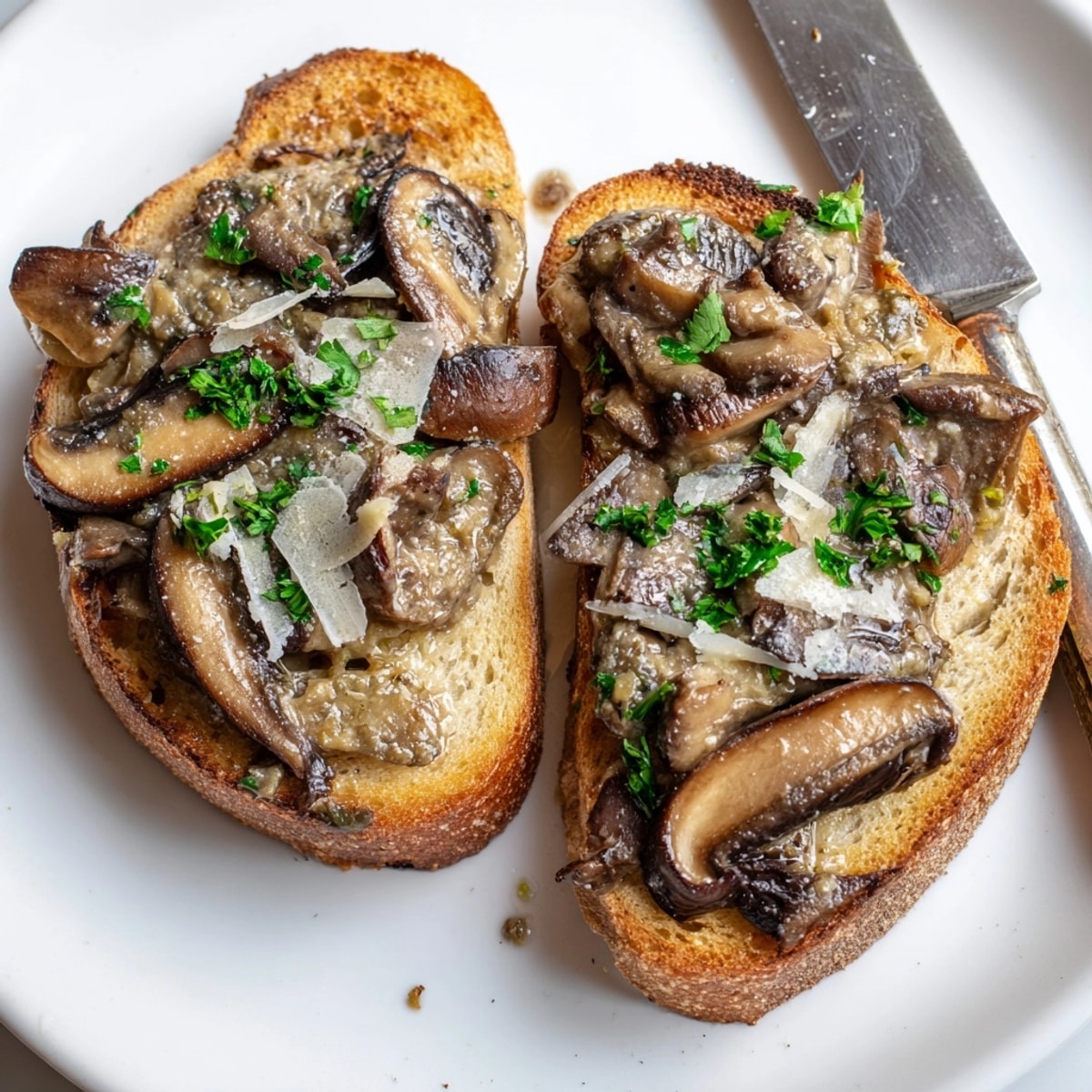 Tartines crémeuses aux champignons : pain grillé croustillant surmonté d'un ragoût parfumé.