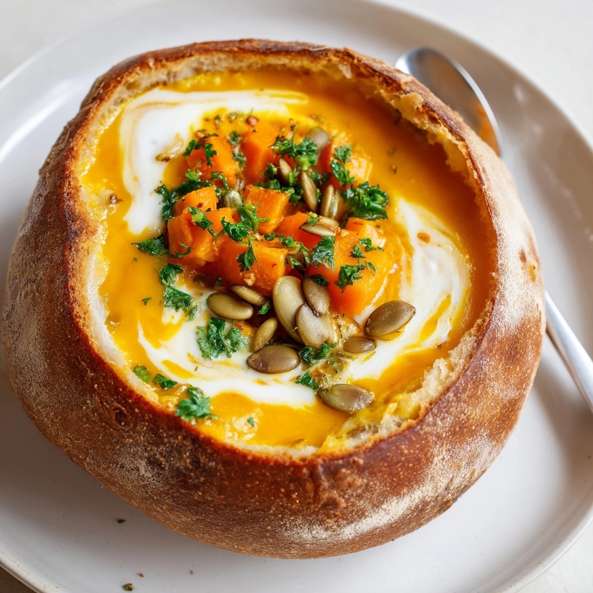 Bol réconfortant de soupe à la citrouille crémeuse servi dans des miches de pain rustiques.