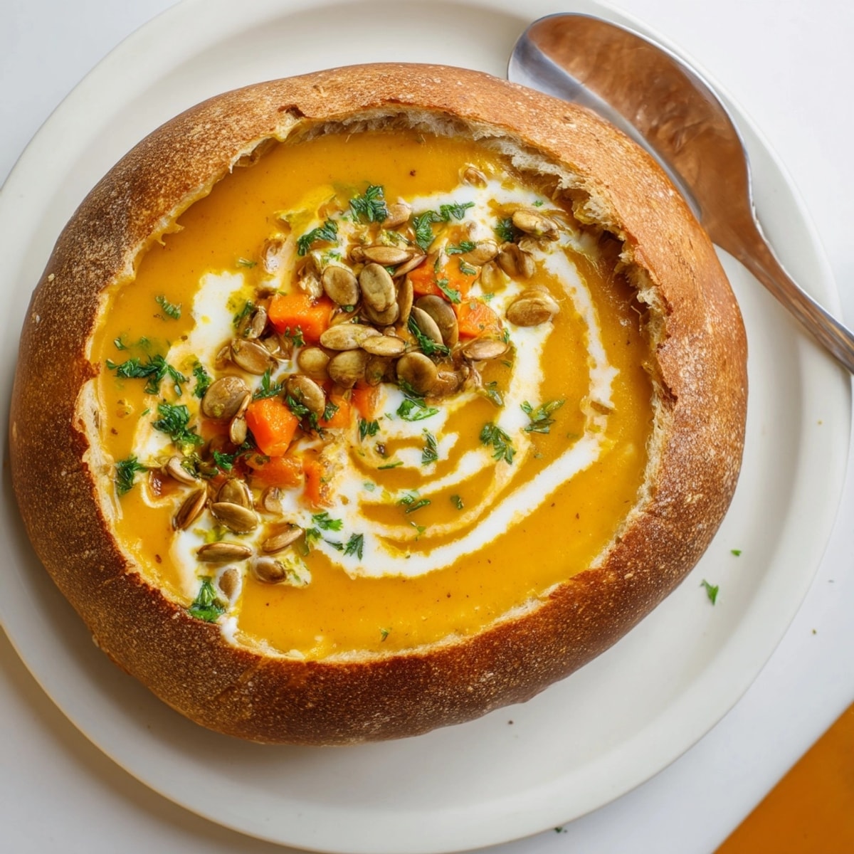 Savoureuse soupe à la citrouille, cuite à la perfection crémeuse et servie dans un pain croustillant.