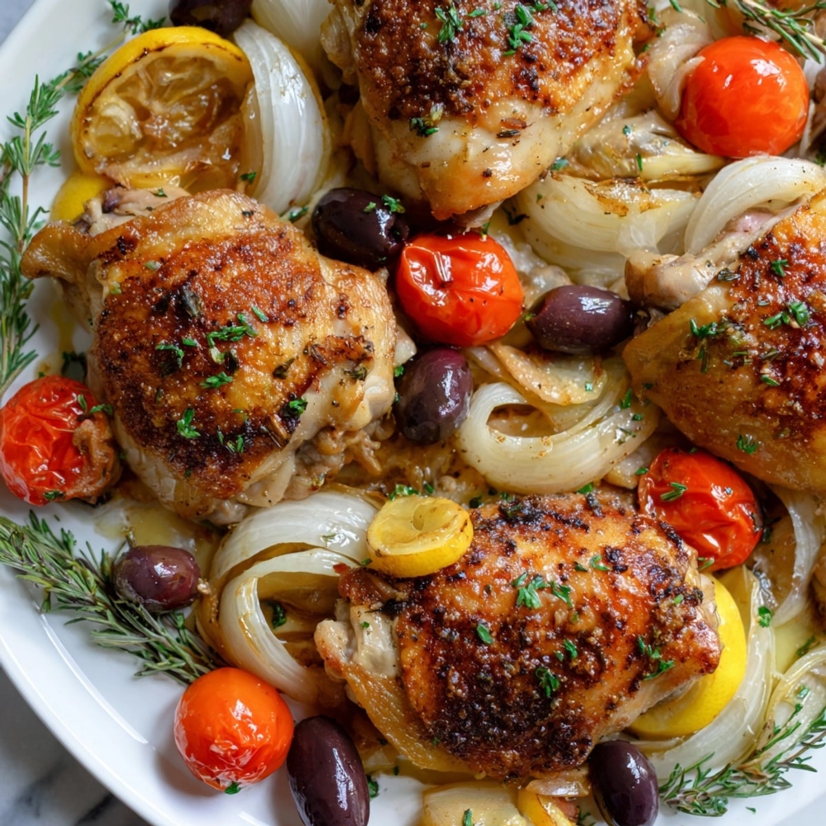 Image d'un poulet provençal rôti doré, nappé de tomates juteuses, olives brillantes et herbes fraîches.