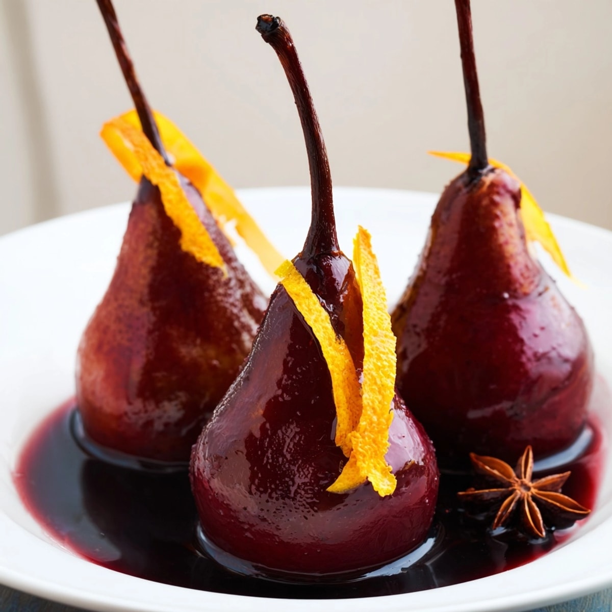 Poires pochées au vin rouge épicées, un dessert élégant avec des arômes chaleureux.