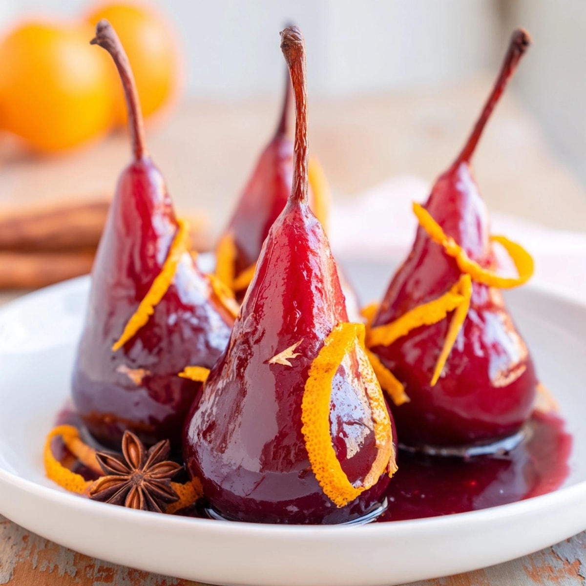 Servir des poires pochées au vin rouge épicées chaudes arrosées de sirop : parfait pour un dessert réconfortant.