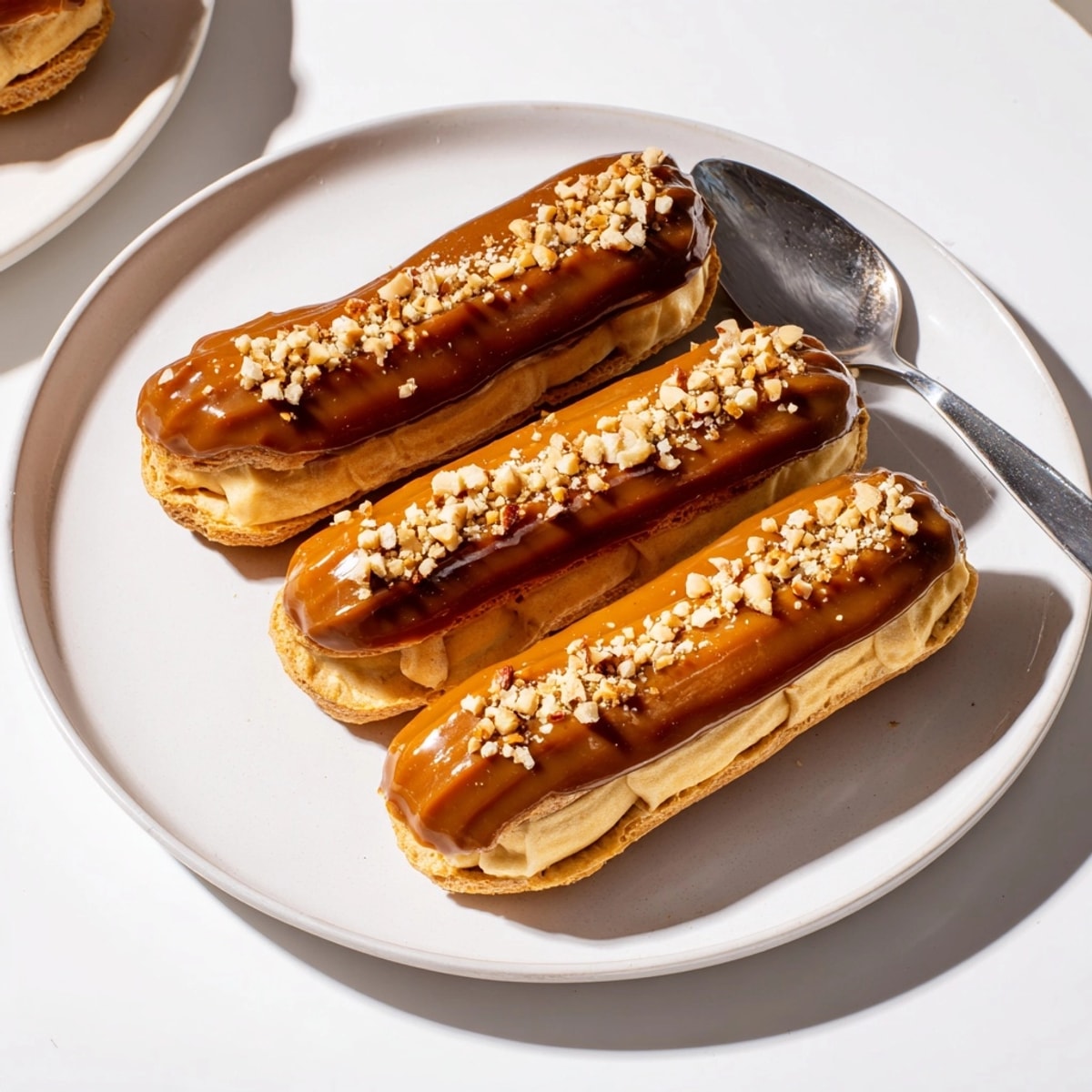 Image close-up d'éclairs noisette caramel brillants, crémeux et dorés, prêts à être servis.