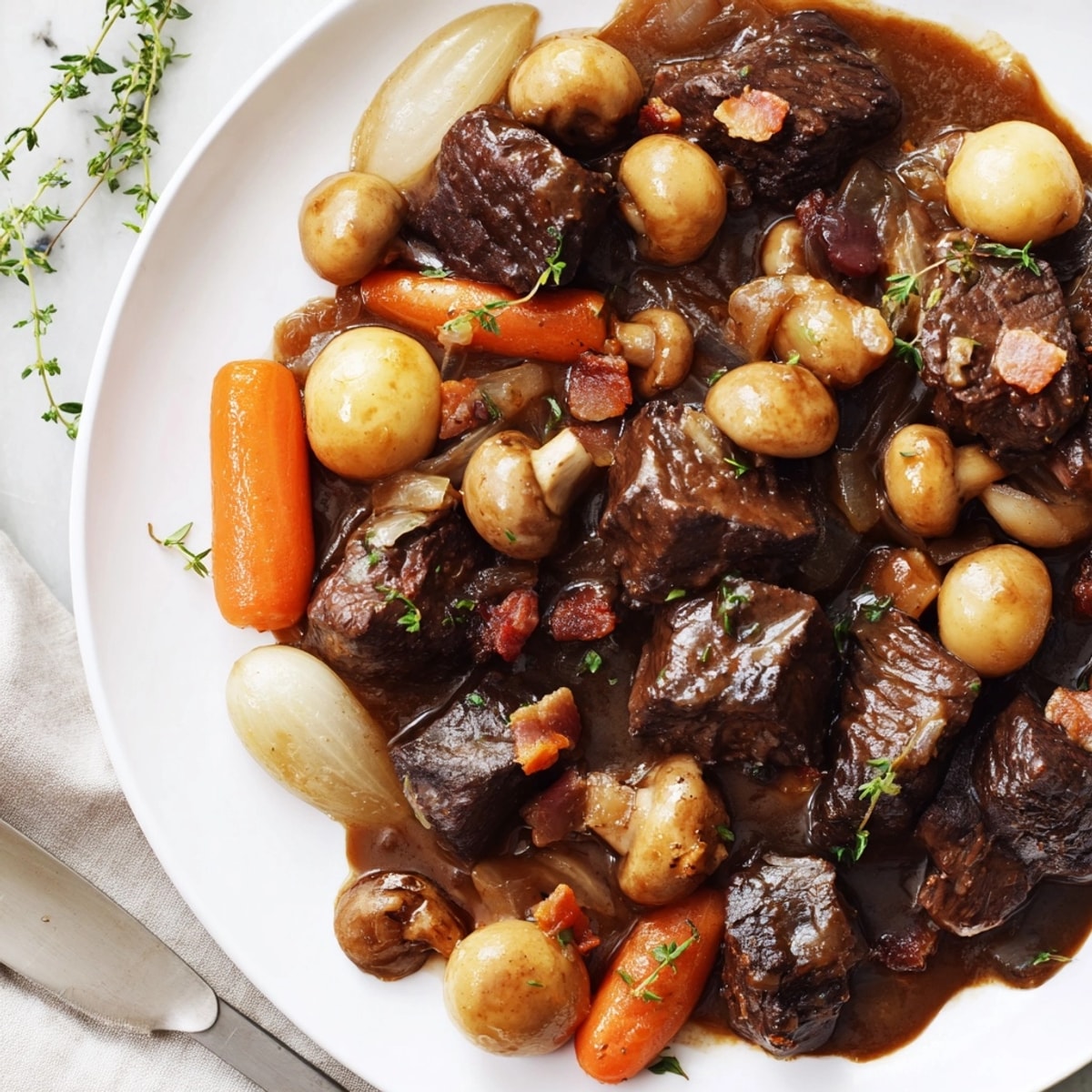 Le bœuf bourguignon maison, aux carottes et herbes fraîches, est un festin réconfortant.