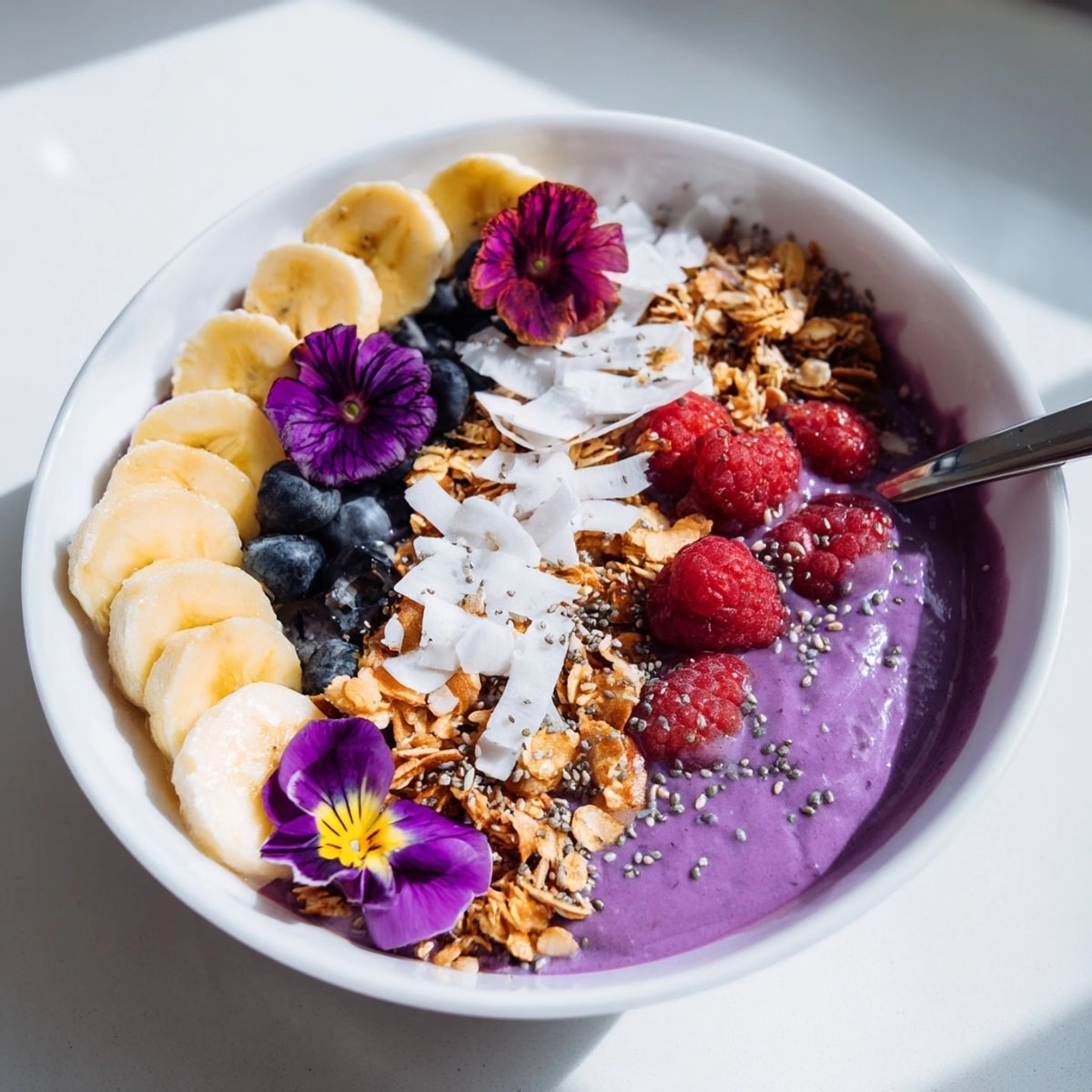 Bol crémeux Ube, Banane et Noix de Coco, violet et rafraîchissant, avec des garnitures croustillantes.