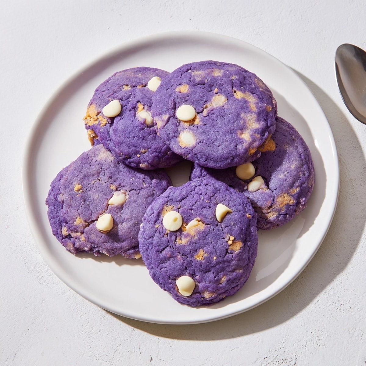 Biscuits ube faits maison, avec des pépites de chocolat blanc, disposés sur une grille de refroidissement.