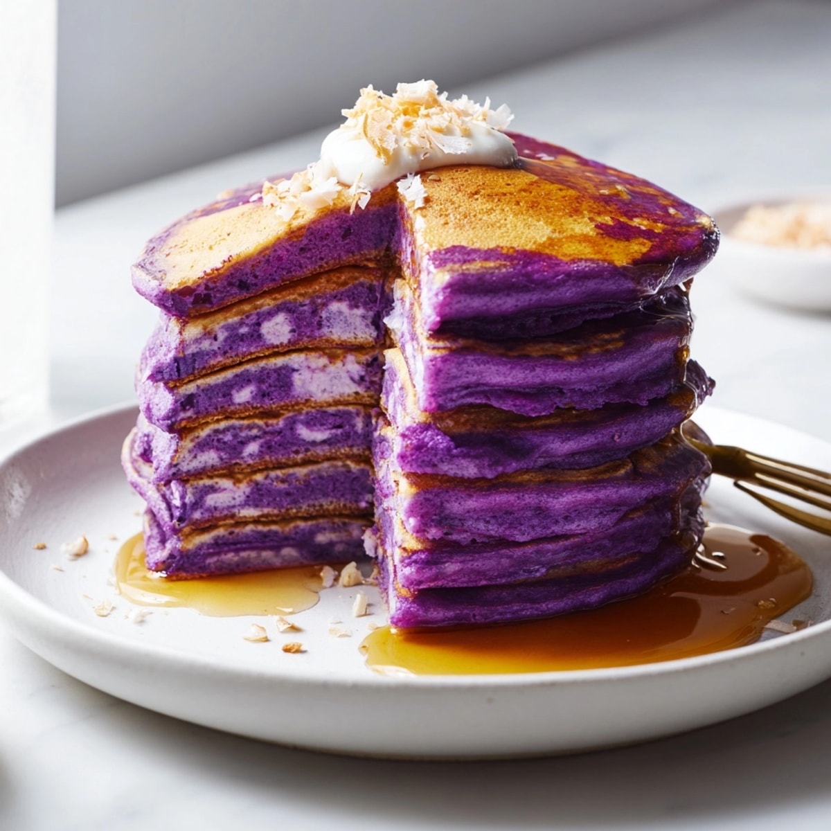 Pile of vibrant Ube Fluffy Pancakes ready to eat, drizzled with maple syrup.